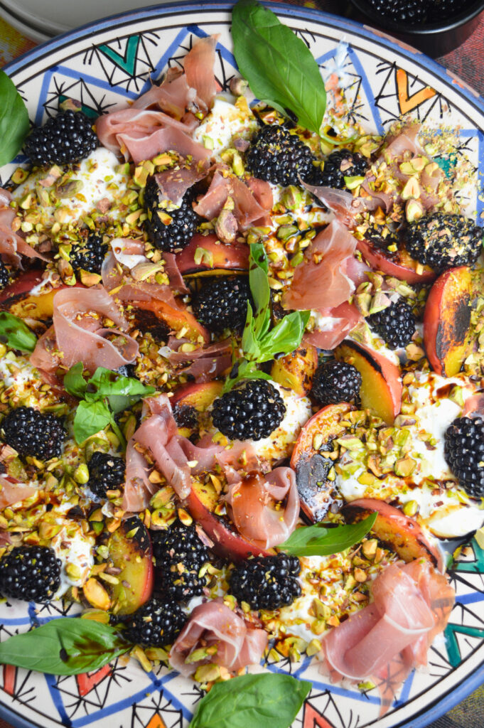 Grilled Peach Burrata Salad with Blackberries & Prosciutto