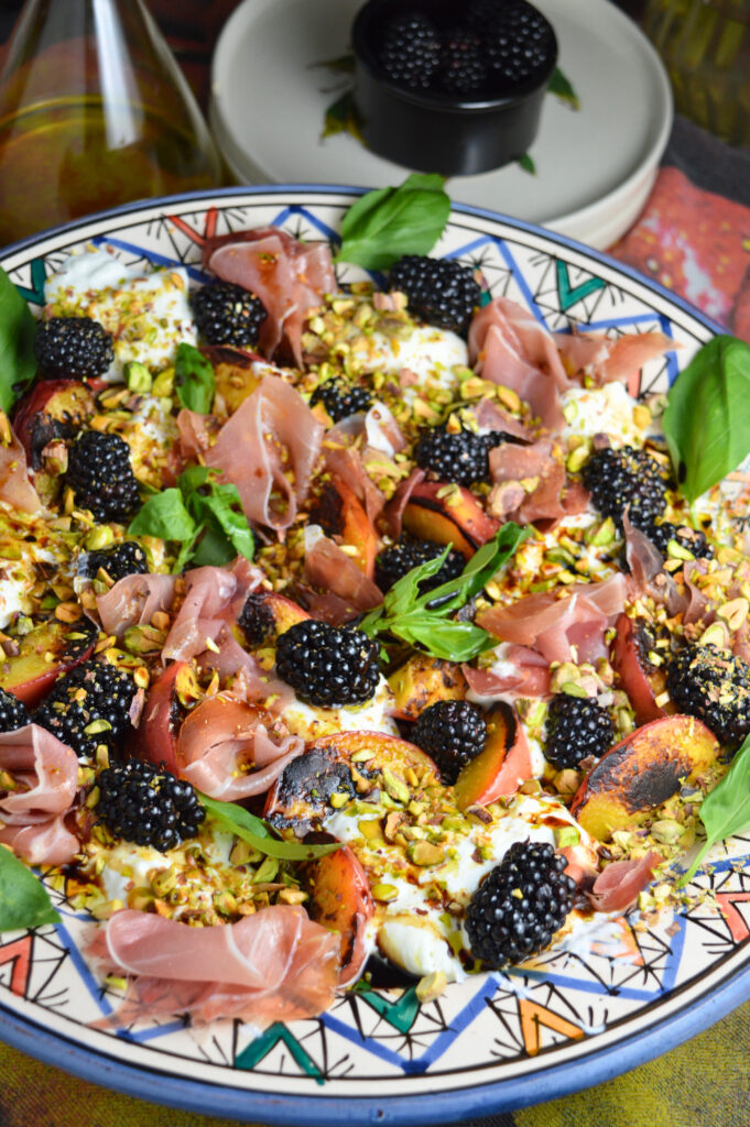 Grilled Peach Burrata Salad with Blackberries & Prosciutto