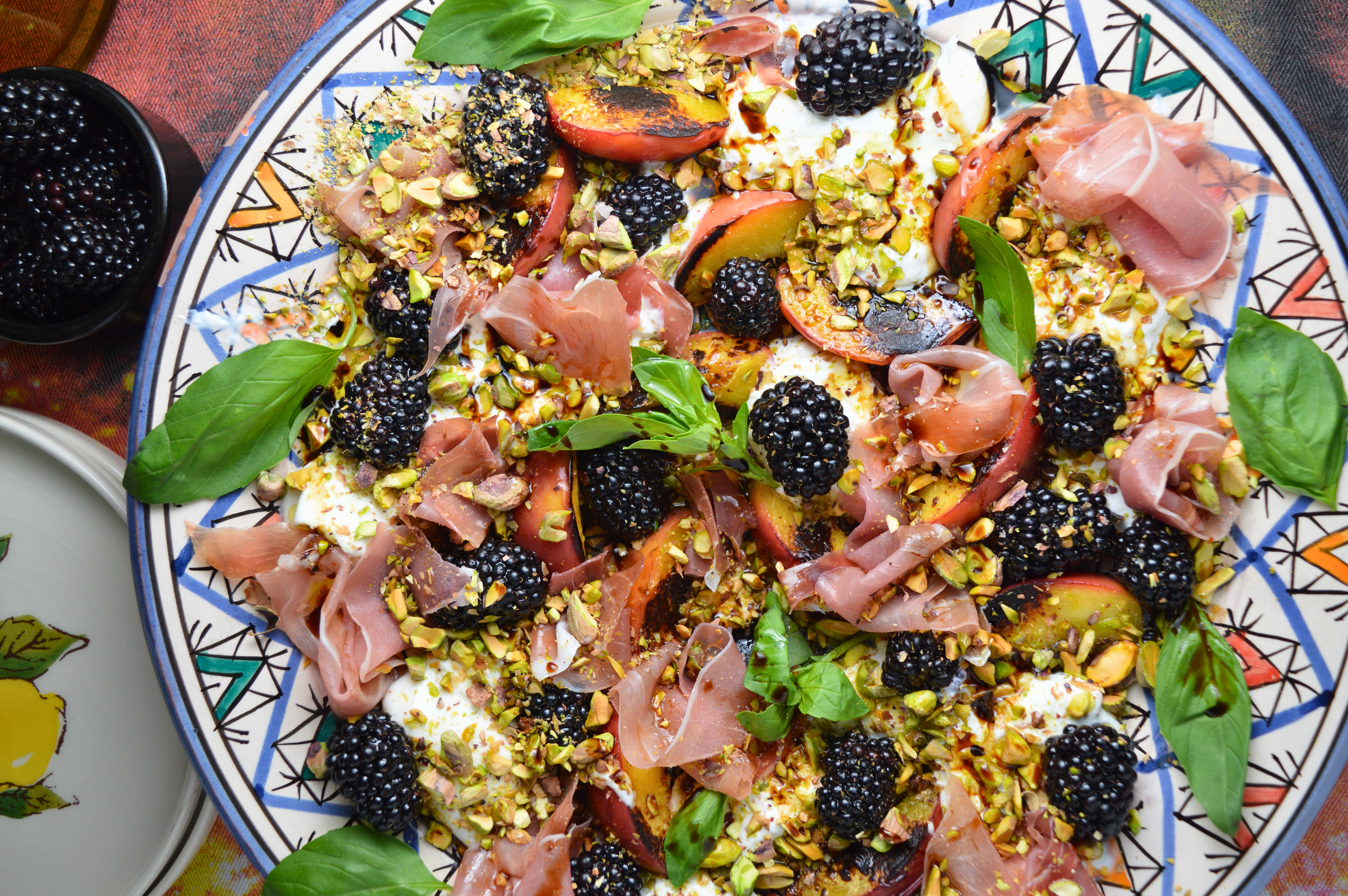 Grilled Peach Burrata Salad with Blackberries & Prosciutto
