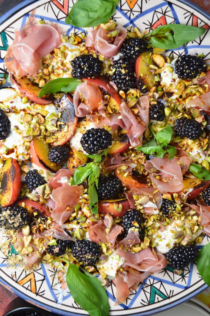 Grilled Peach Burrata Salad with Blackberries & Prosciutto