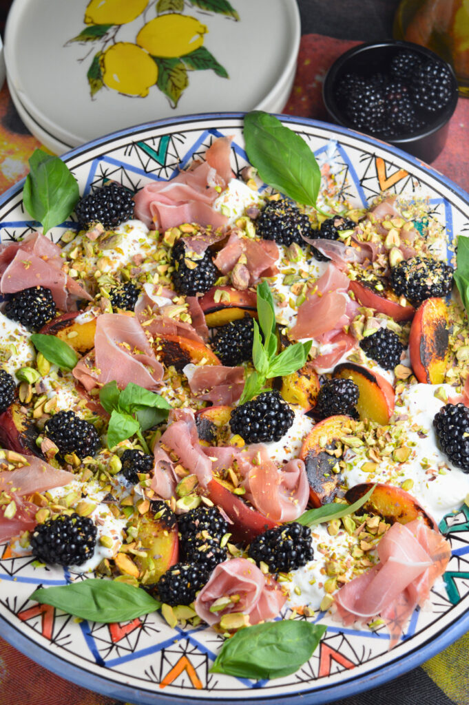 Grilled Peach Burrata Salad with Blackberries & Prosciutto