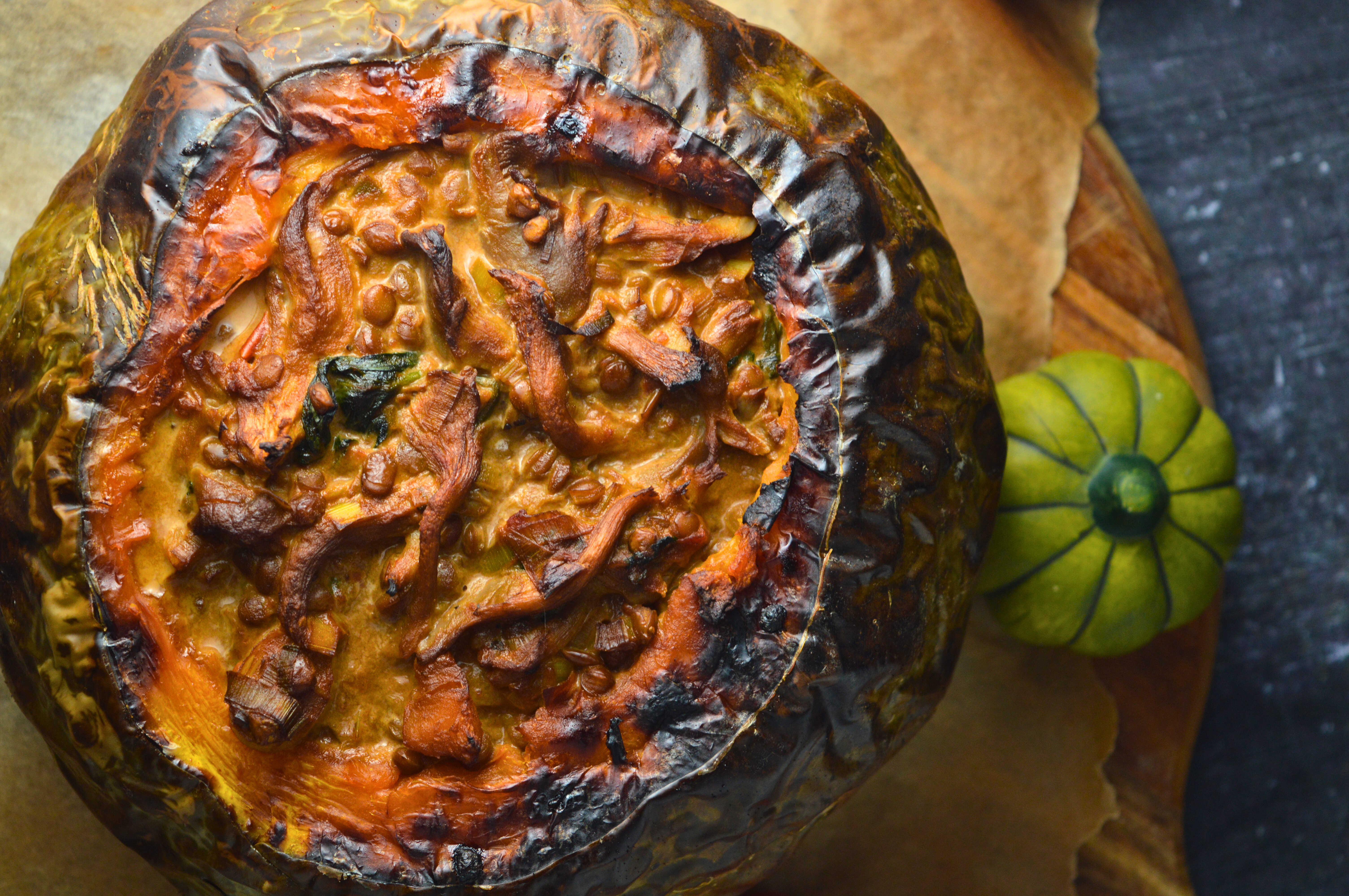 Stuffed Pumpkin with Oyster Mushrooms & Lentils