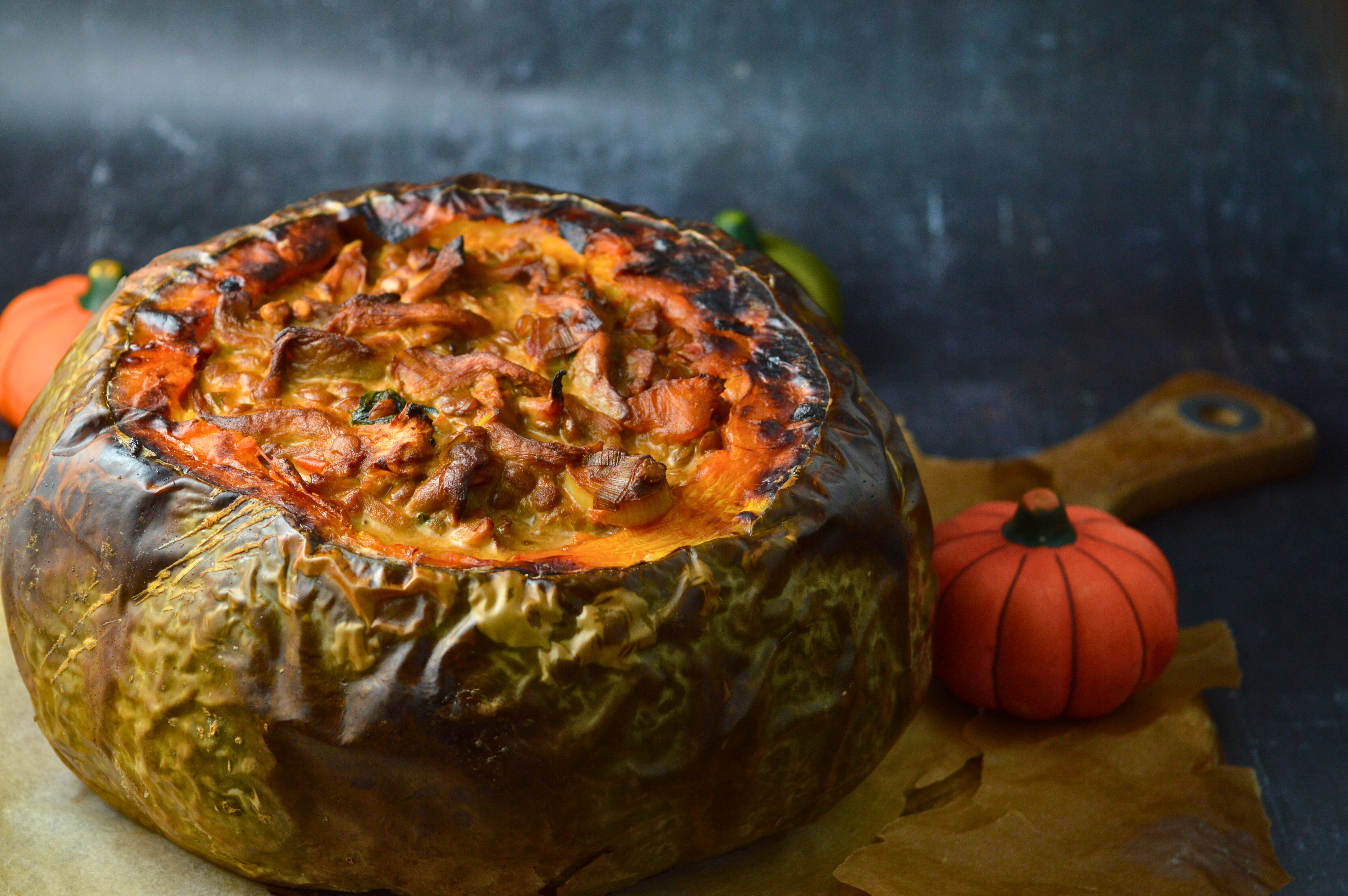 Stuffed Pumpkin with Oyster Mushrooms & Lentils