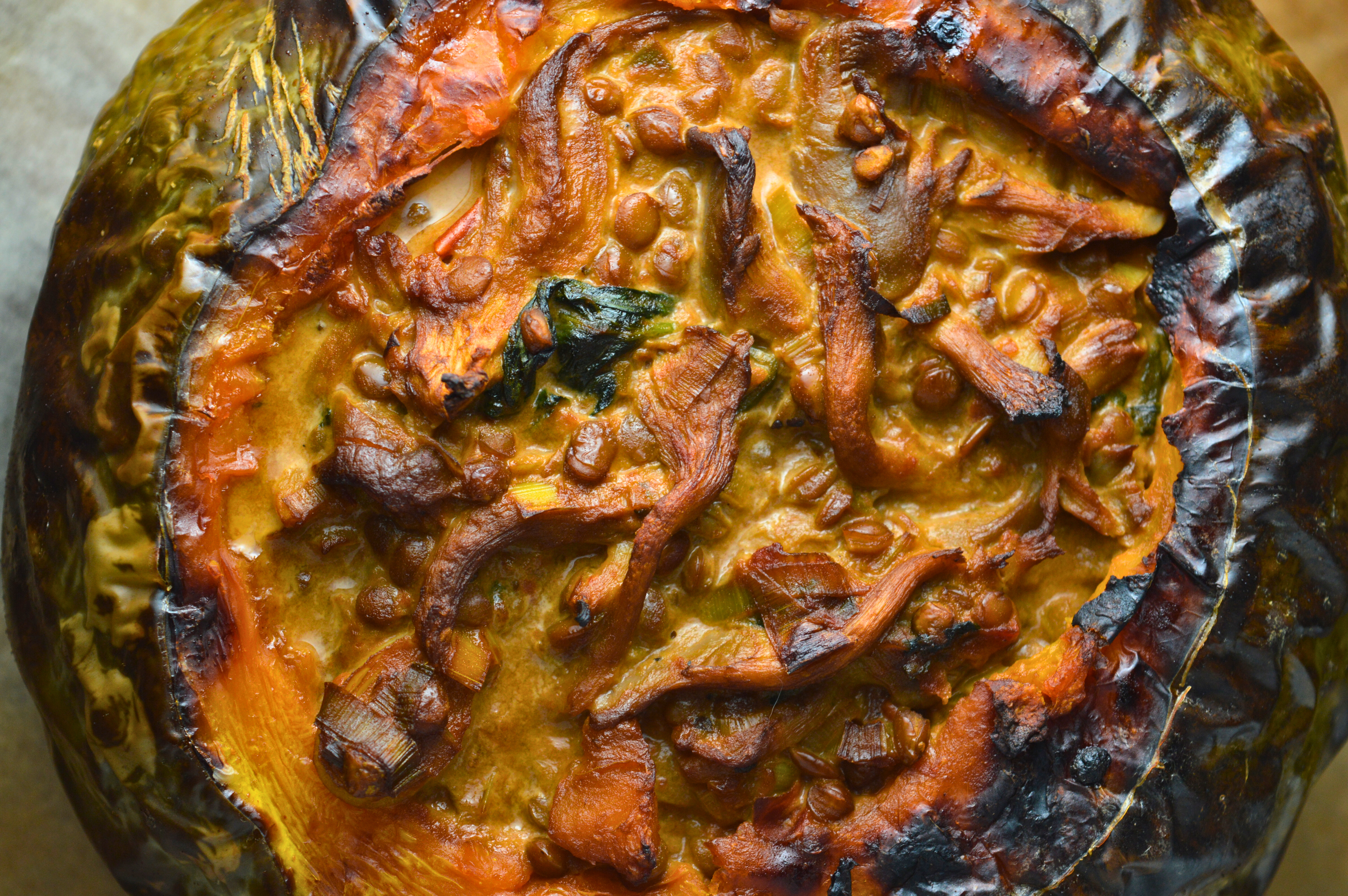 Stuffed Pumpkin with Oyster Mushrooms & Lentils