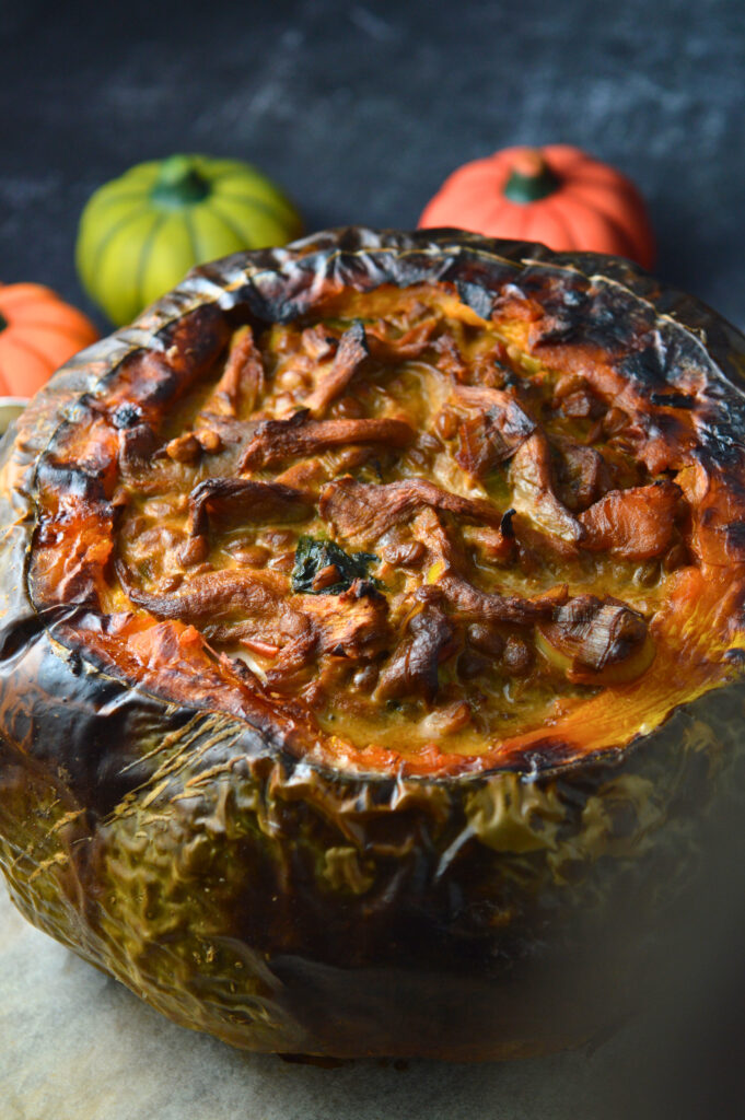 Stuffed Pumpkin with Oyster Mushrooms & Lentils